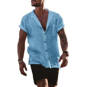PHILLYS TREASURE MEN LIGHT BLUE COTTON AND LINEN SHORT SLEEVE SHIRT
